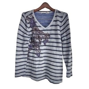 SOFT‎ SURROUNDINGS Syrah Embellished Floral Striped Top V-Neck Blue Size L
